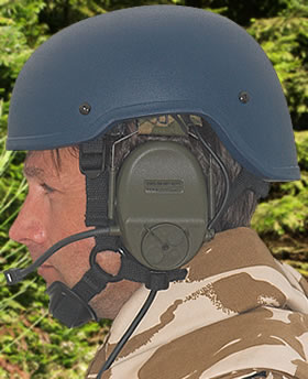 Bullet Proof (Ballistic) Helmet. This model is a military MACH Tyle contoured to allow use on communications equipment